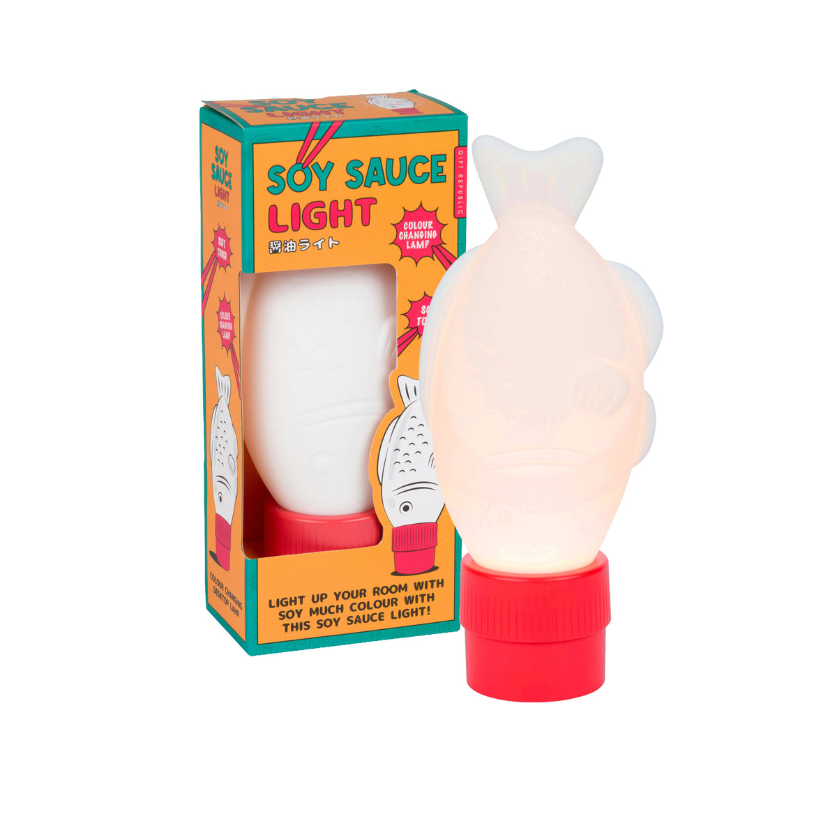 Soy sauce bottle-shaped light with packaging on a white background
