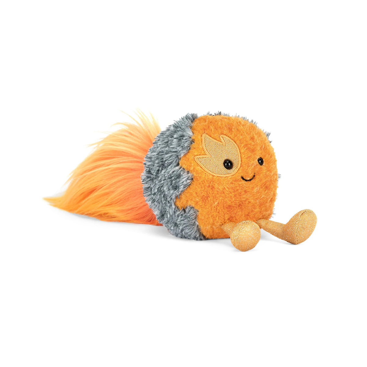 Plush Jellycat toy resembling a comet with orange body, gray spines, and beige legs on a white background