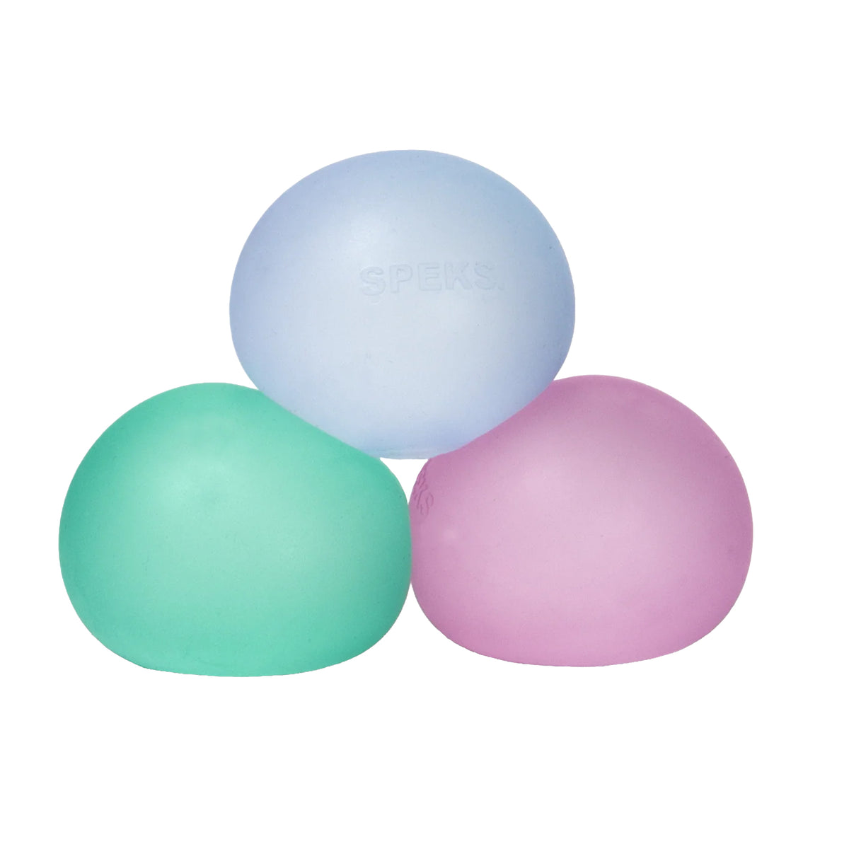 Three pastel-colored stress balls (blue, green, pink) on a white background