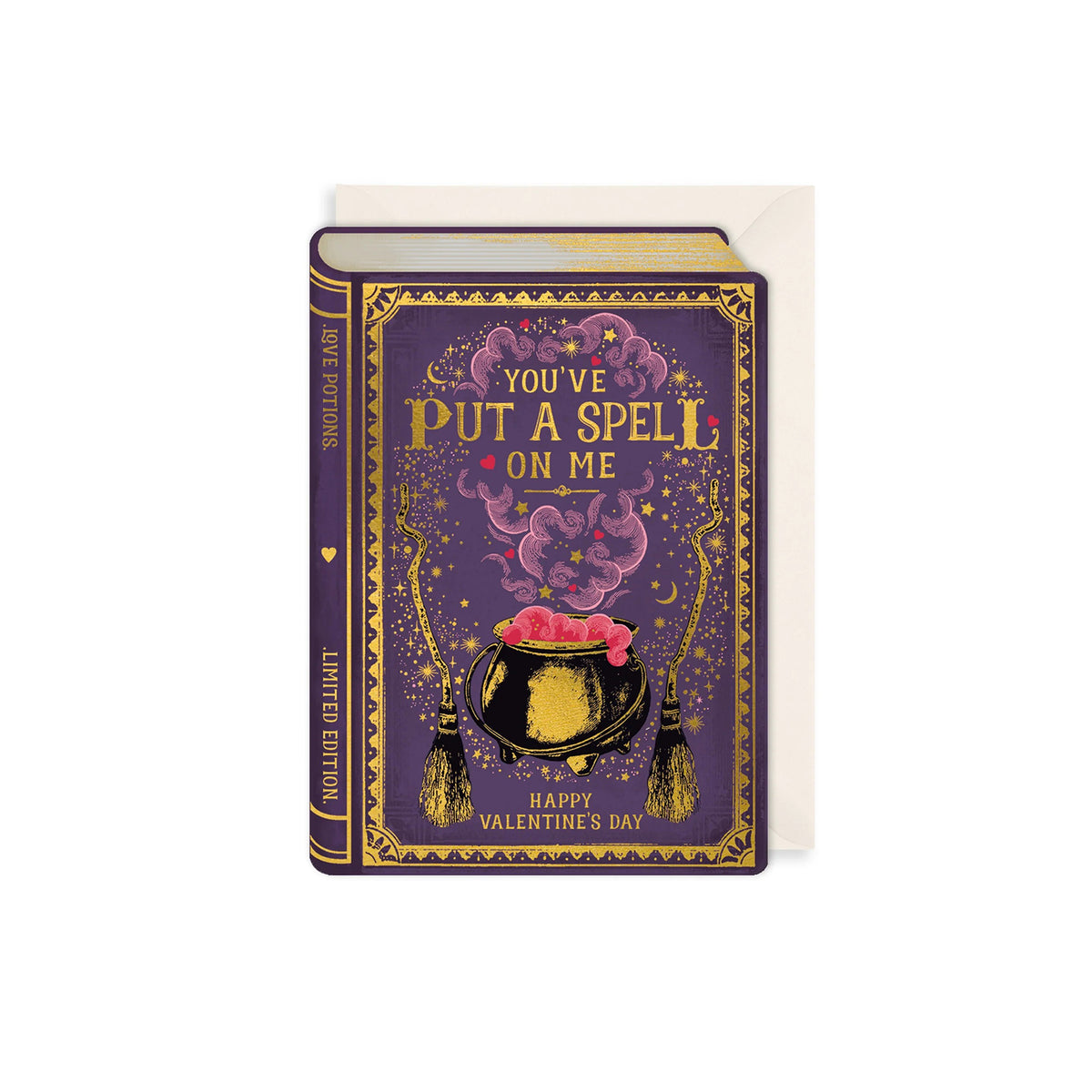 Valentine's Day card with a purple cover featuring a witch's cauldron and text.