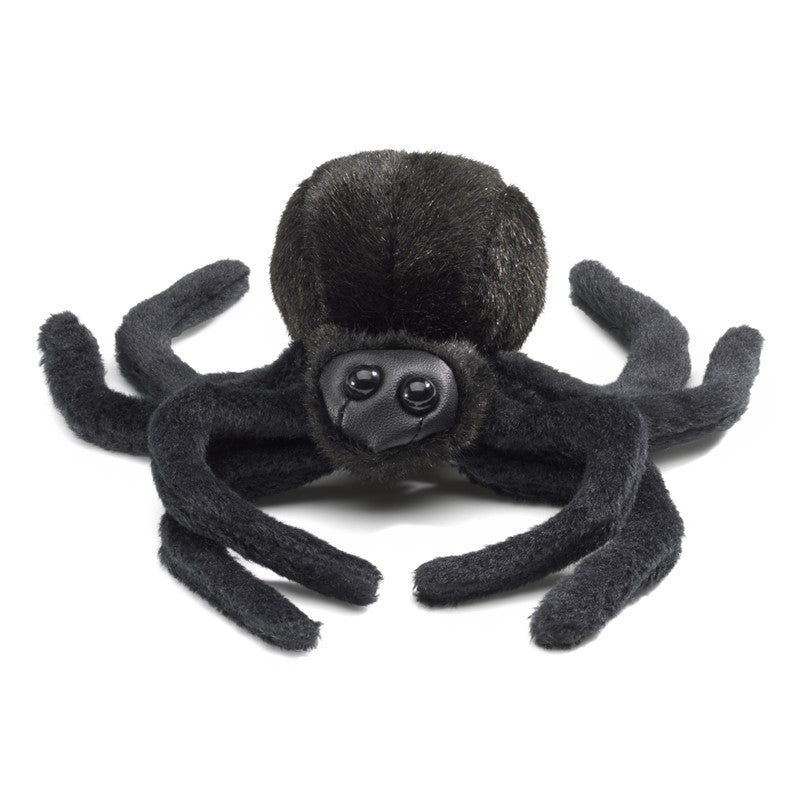 So cute, even Arachnophobes won't mind this whimsical Mini Spider finger puppet. Featured in all black this not-so-scary creature has gangly long legs, a bulbous abdomen and fangs on a leatherette face with big, friendly, beady eyes. 6 x 3 x 1 1/2" Made by Folkmanis to encourage imagination, play and discovery.