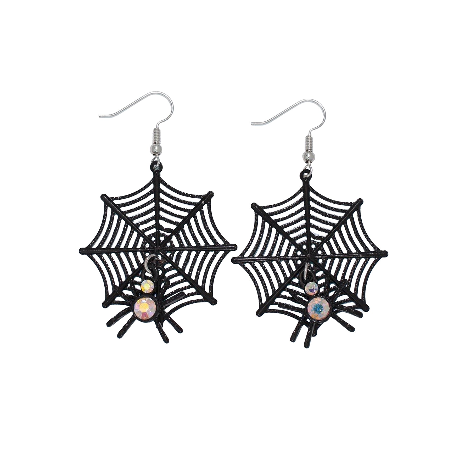 Spider web earrings with spider designs on a white background