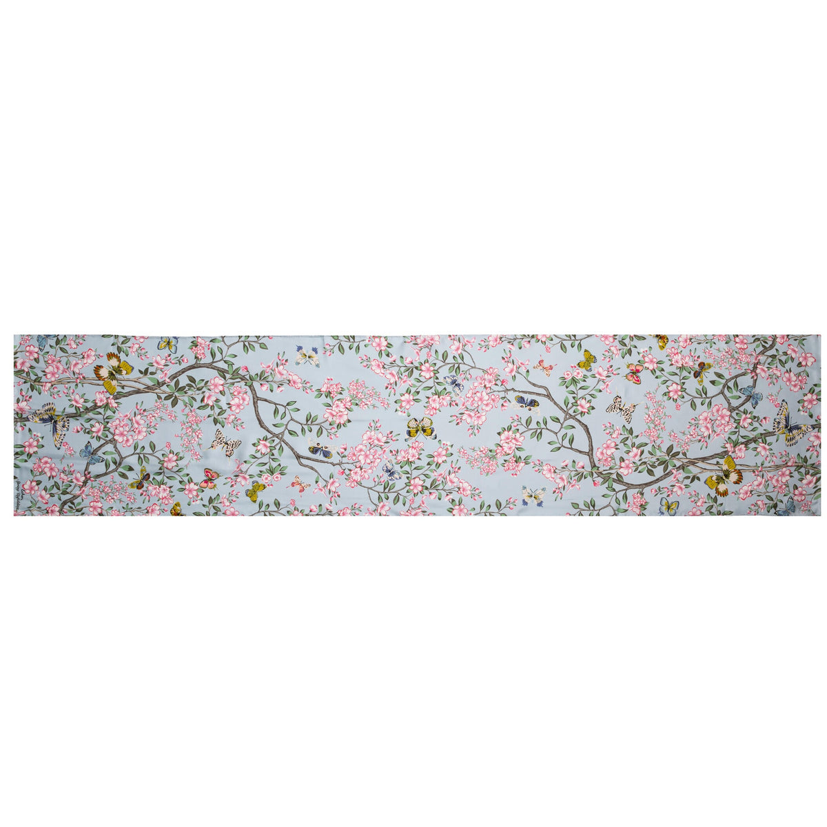 Decorative scarf with floral and butterfly design on a light blue background