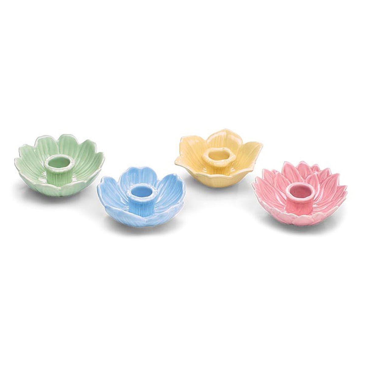 Five small ceramic flower-shaped candle holders in pastel colors on a white background