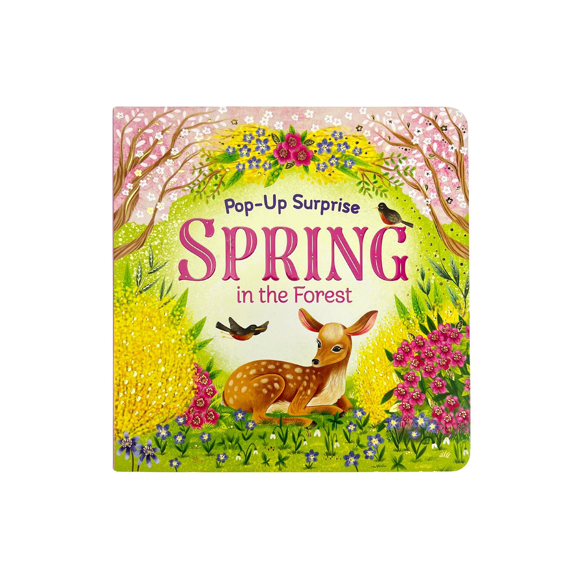 Children's book titled 'Pop-Up Surprise Spring in the Forest' with a deer and floral design on the cover.