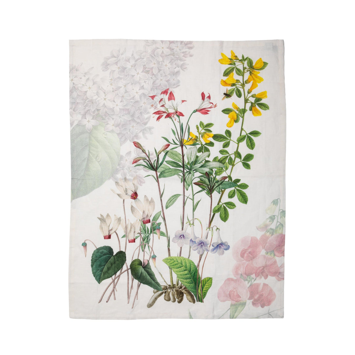 Floral linen tea towel on a white background