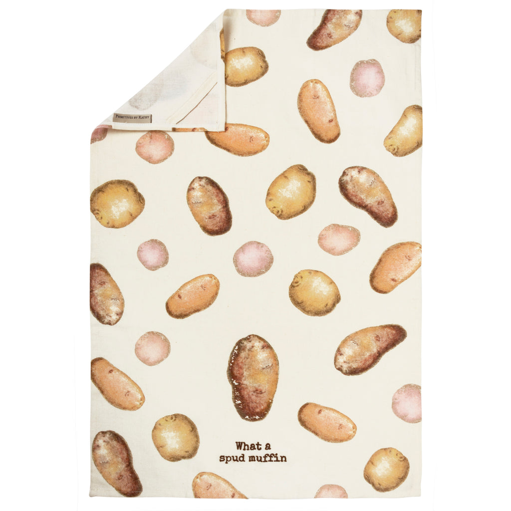 This whimsical cotton linen blend kitchen towel features an all-over retro style potato design and punny embroidered "What A Spud Muffin" sentiment. 