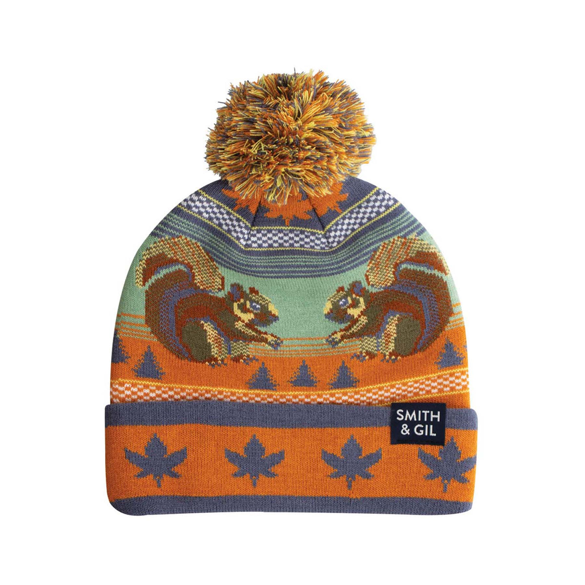 Colorful knit beanie with pom-pom and squirrel design on a white background