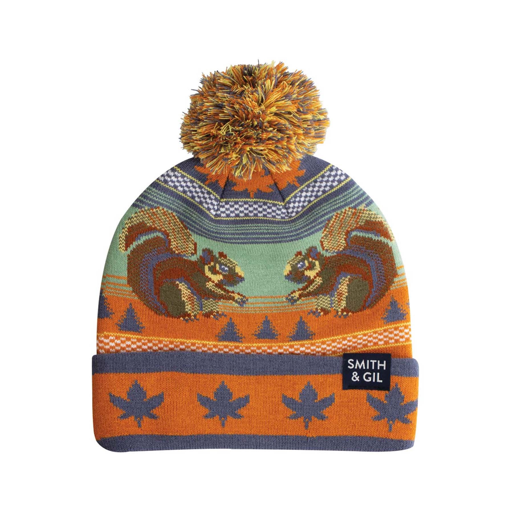 Colorful knit beanie with pom-pom and squirrel design on a white background