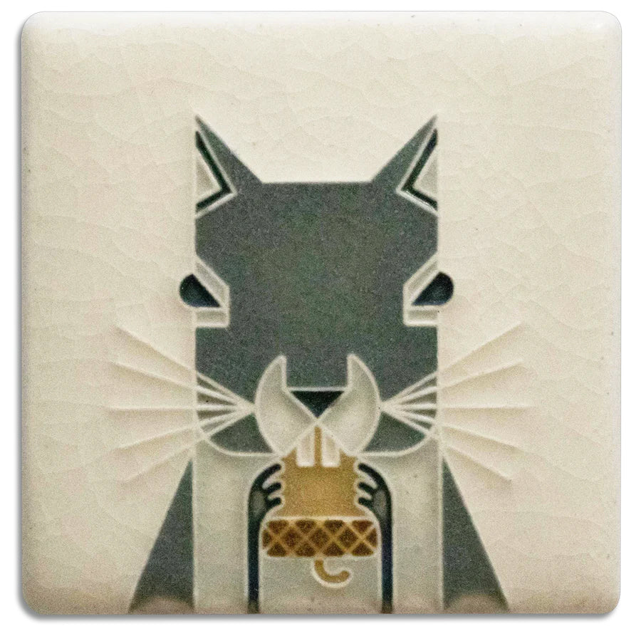 This cheeky little squirrel, clutching an acorn is a whimsical design by famed wildlife artist, Charley Harper. Midcentury modern meets Motawi mastery in this charming series of 3x3 art tiles. Actual Tile Size: Approximately 2 7/8” x 2 7/8”. Each Motawi tile is crafted by hand.