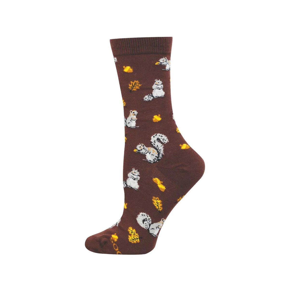 A pair of brown socks with a squirrel and acorn pattern on a white background. 