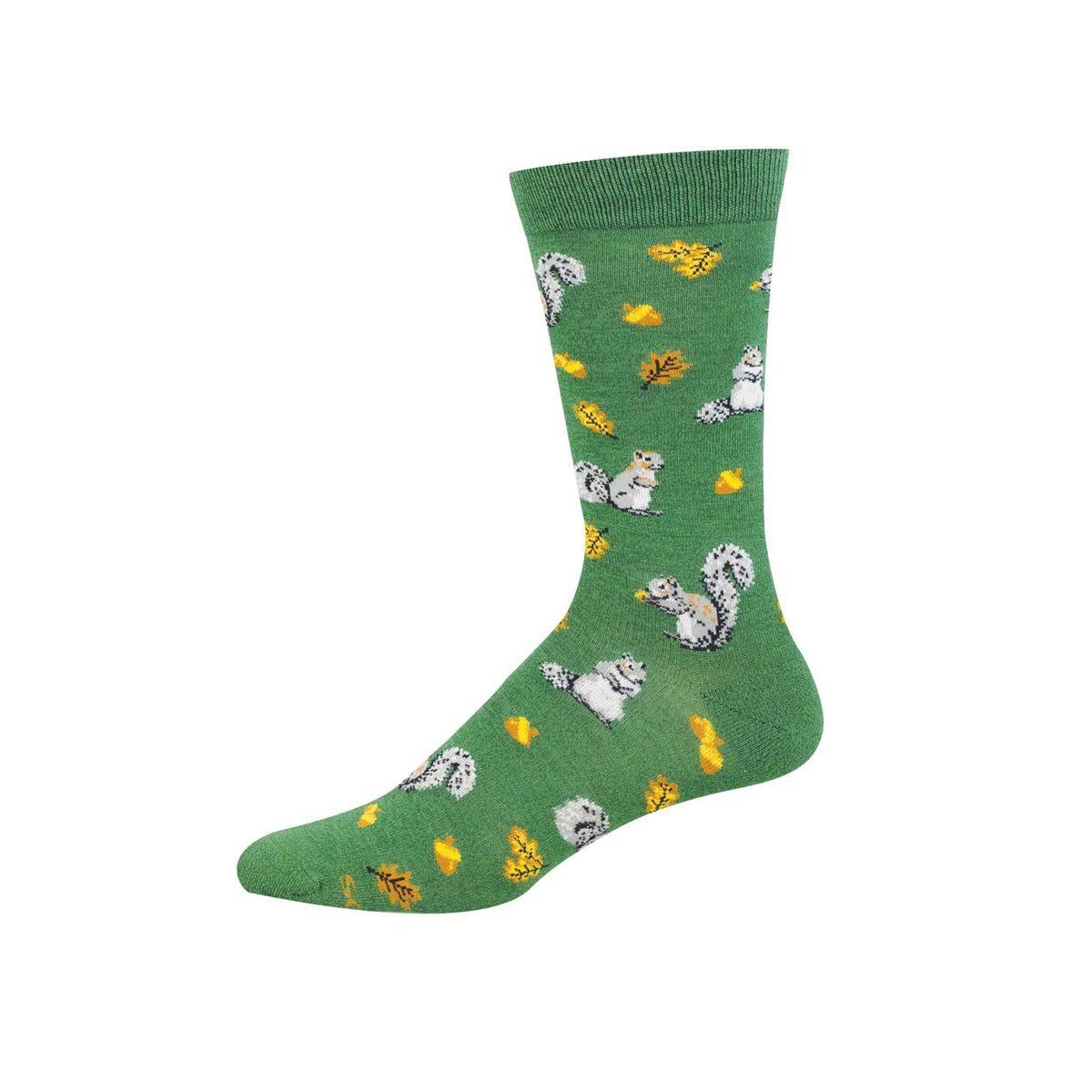 A pair of green socks with a squirrel and acorn pattern on a white background. 