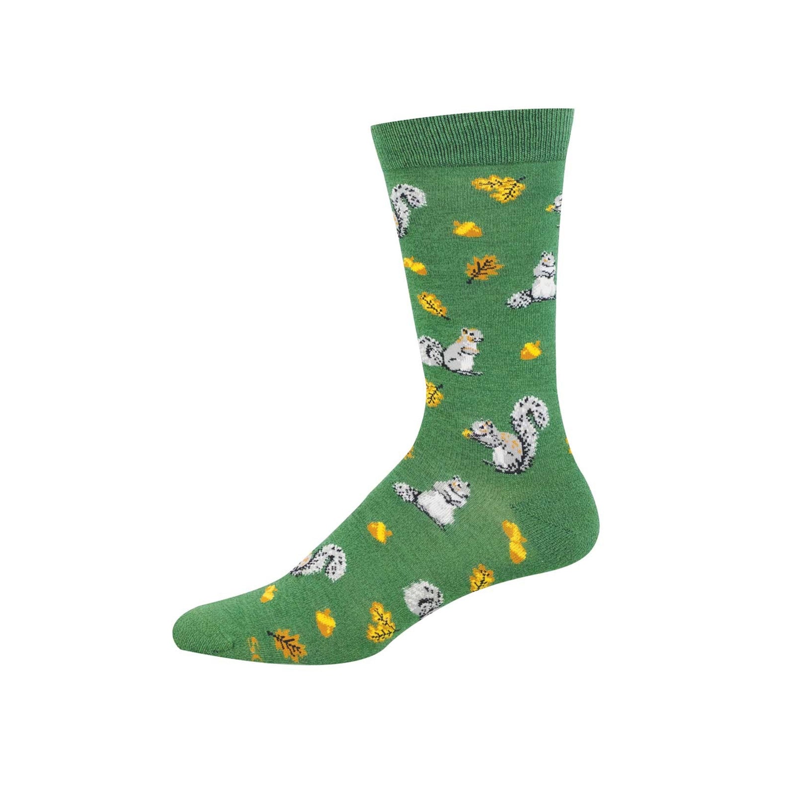 A pair of green socks with a squirrel and acorn pattern on a white background. 