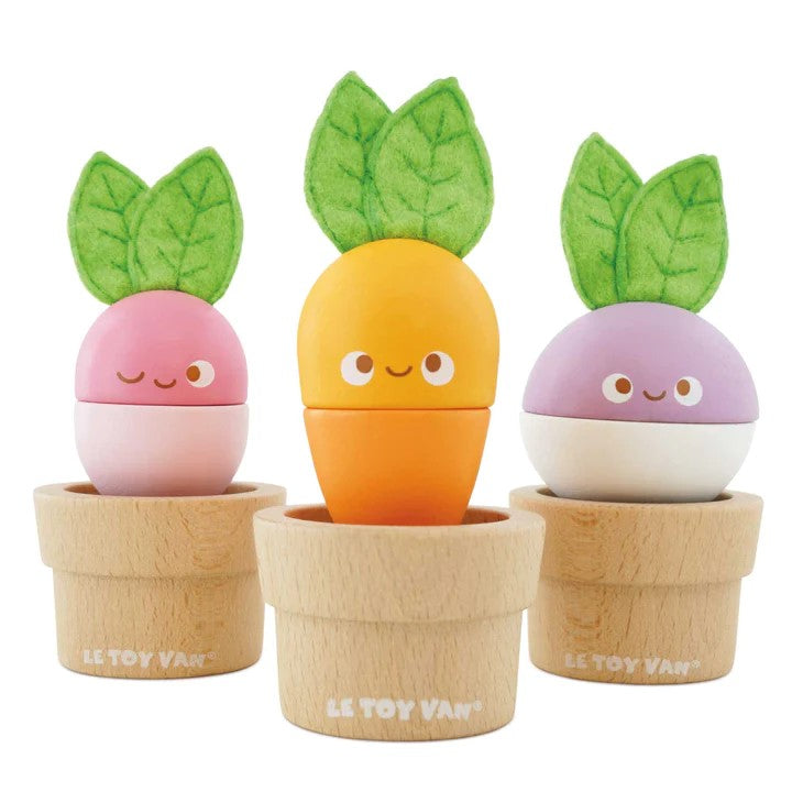 Don't forget your greens! Budding gardeners and nature lovers will adore this charming wooden toy with 6 colorful pieces to stack. Mix and match to create a carrot, beetroot and radish all housed in their own wooden plant pots. This sweet educational toy is perfectly sized for little hands and developing imaginations.