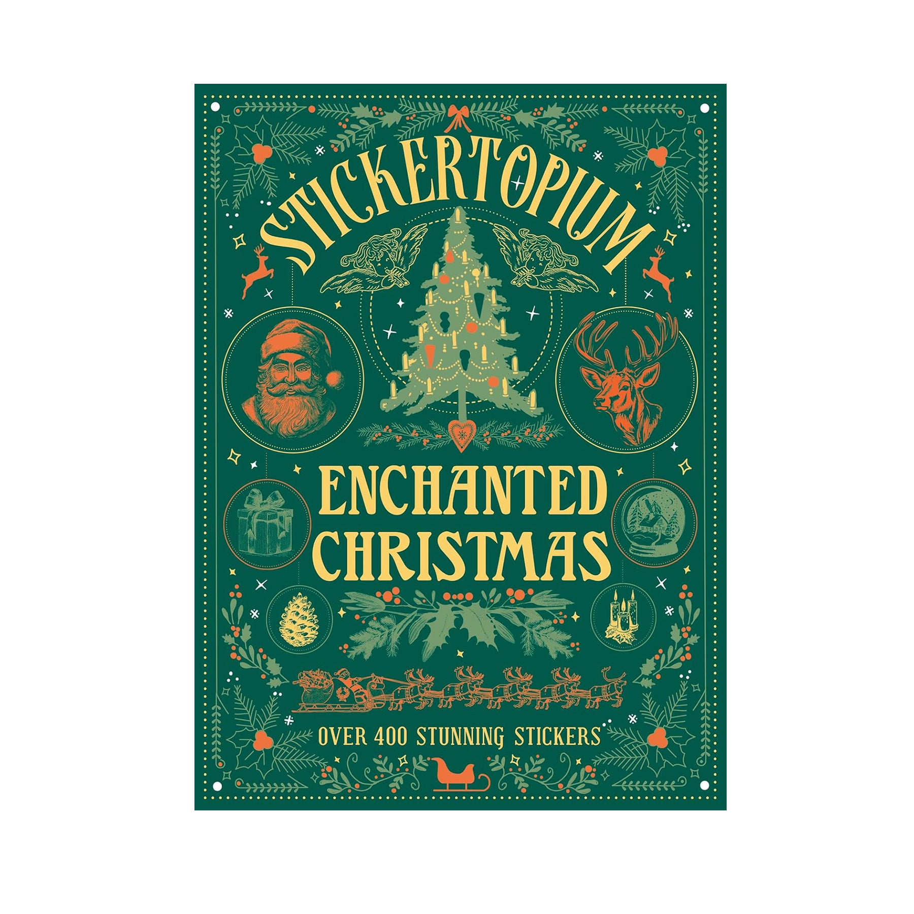 Sticker book cover titled 'Enchanted Christmas' by Stickertopium with festive illustrations on a green background.