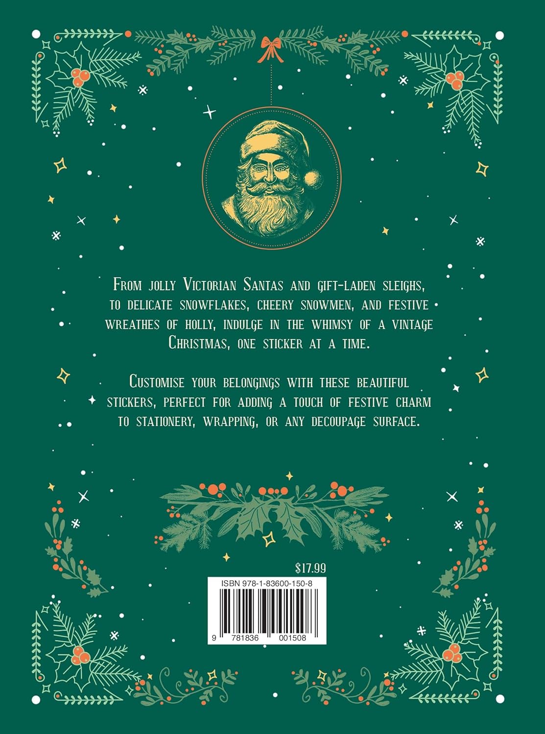 Sticker book cover titled 'Enchanted Christmas' by Stickertopium with festive illustrations on a green background.