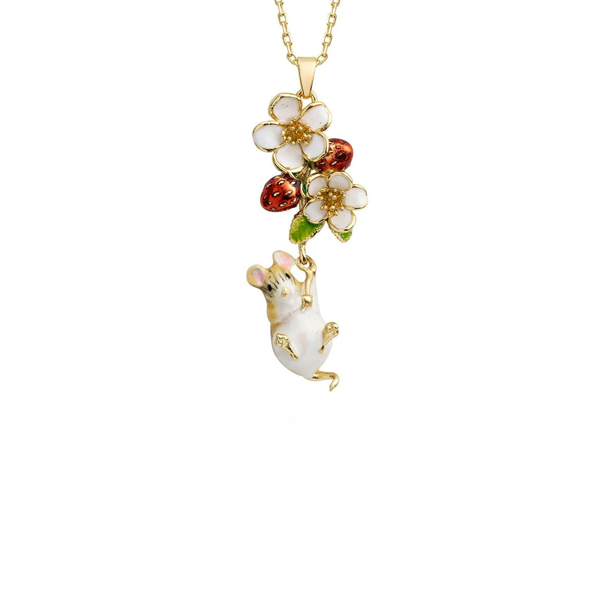 Gold necklace with a mouse, strawberries and flower pendant on a white background
