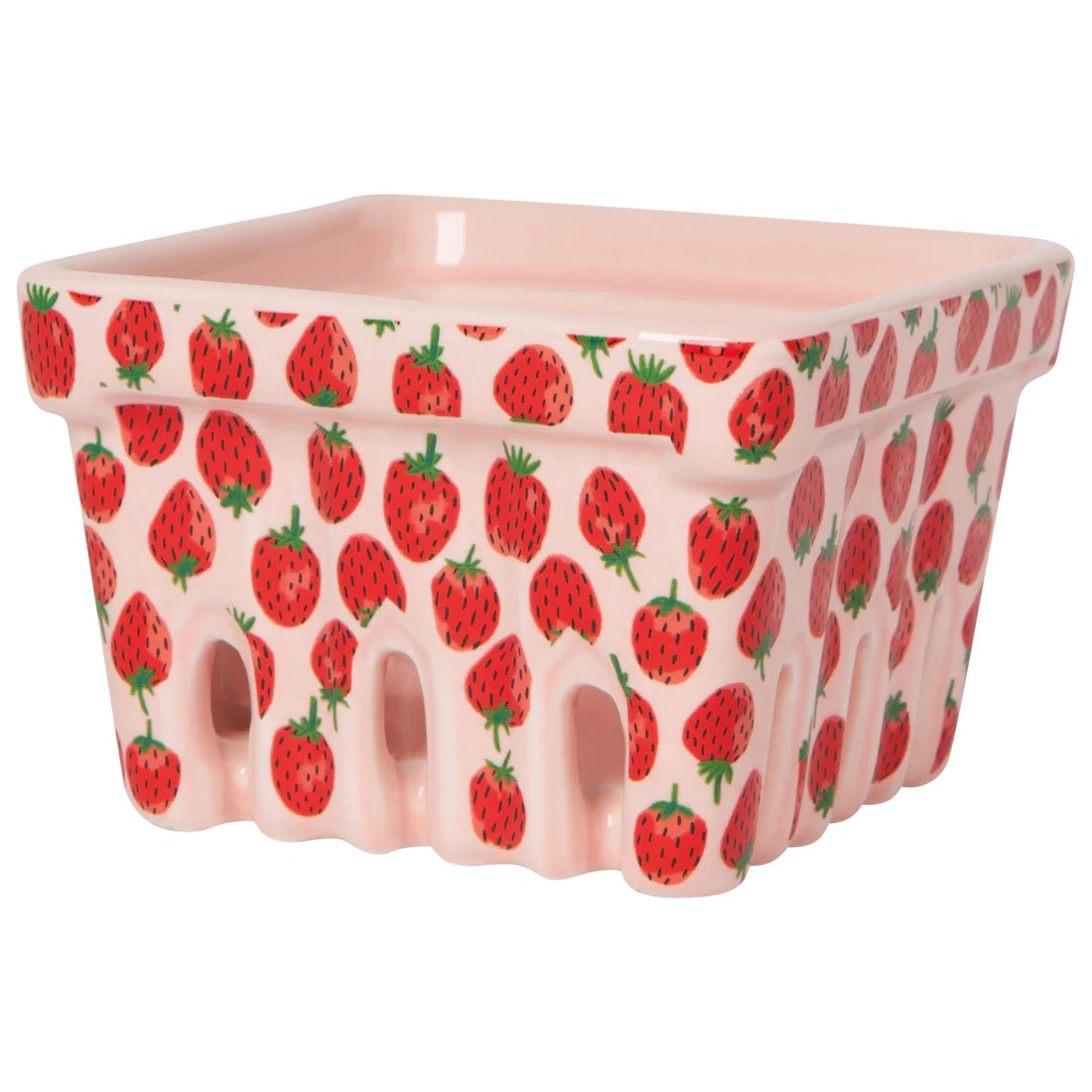 Handpicked from the field or from the produce aisle, any fruit will look sun-ripened and fresh in this ceramic strawberry basket. Vent holes at the base of the basket will help to keep your berries fresh, and the strawberry design will liven up your refrigerator and add a summery touch to your table. 4&quot; x 4&quot; x 2&quot;.