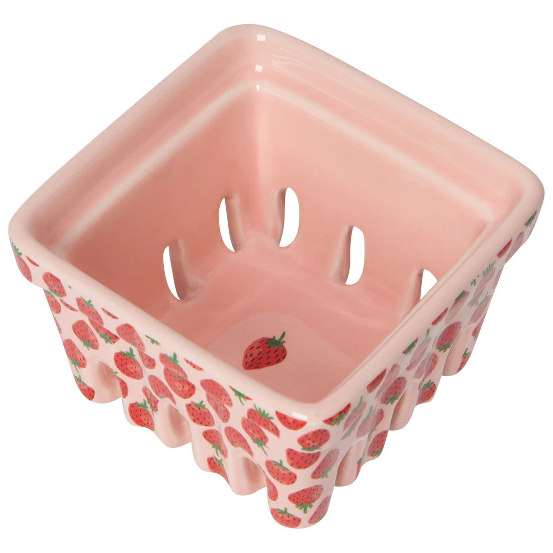 Handpicked from the field or from the produce aisle, any fruit will look sun-ripened and fresh in this ceramic strawberry basket. Vent holes at the base of the basket will help to keep your berries fresh, and the strawberry design will liven up your refrigerator and add a summery touch to your table. 4" x 4" x 2".
