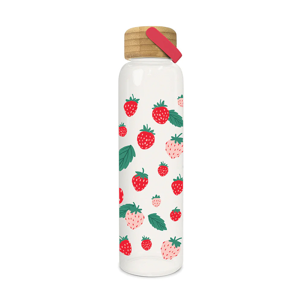 This fun, fruity strawberry print glass water bottle offers a sleek, eco-friendly way to hydrate throughout the day. Made of shatter-resistant borosilicate glass coated with smooth-touch silicone, The natural bamboo lid provides a reliable seal and features a color-coordinated handle for easy carrying. 21 oz/.