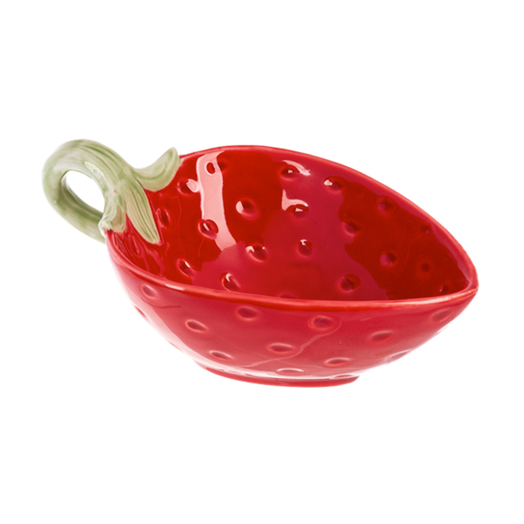 This ceramic strawberry bowl adds some summer sweetness to any table. Brightly glazed in red and green, this handy dish can hold candy, dips, spreads, sauces, and more. It would also make a great guest soap holder or trinket tray. Ceramic (Stoneware) Hand wash only Dimensions: 6.75" x 4.3" x 2.5"