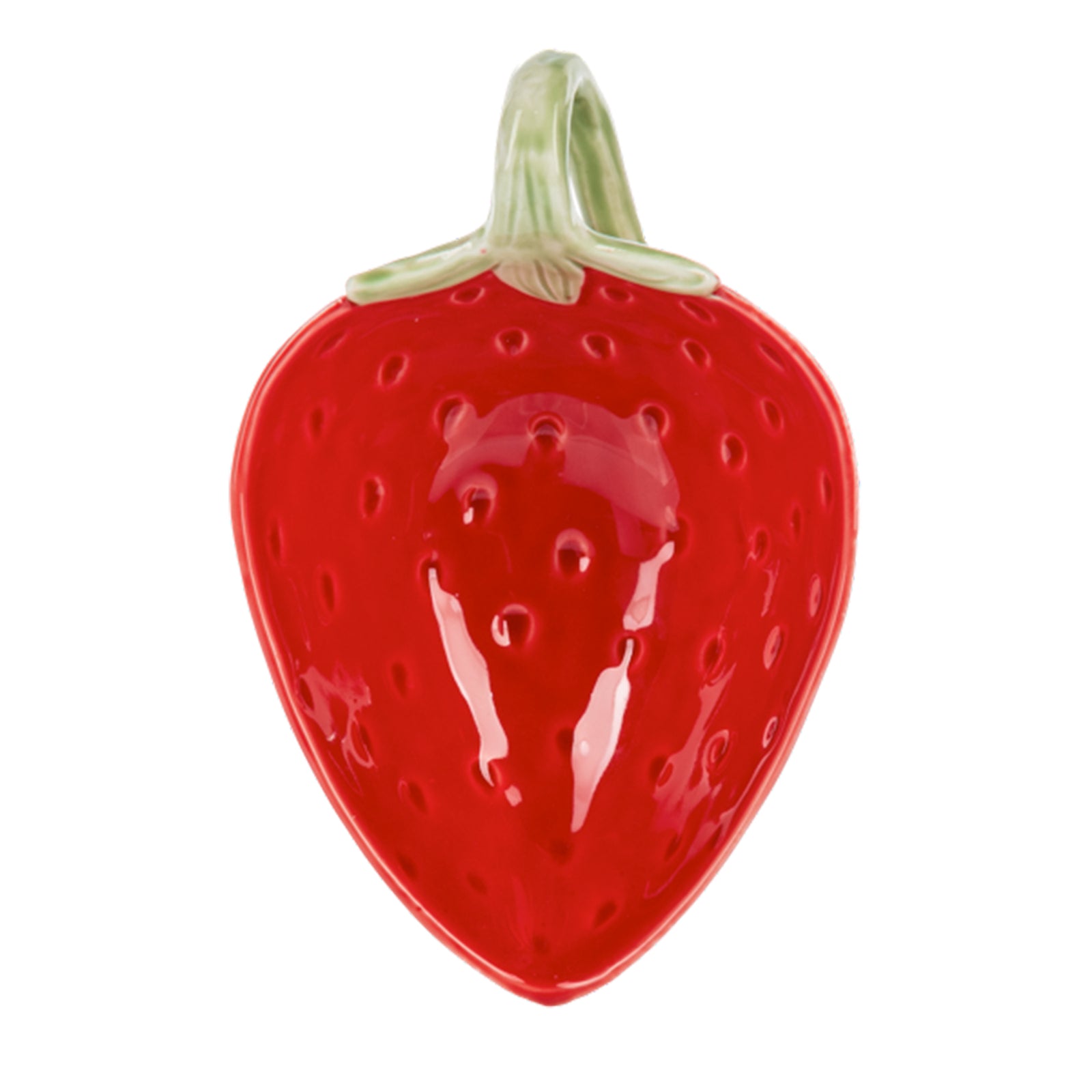 This ceramic strawberry bowl adds some summer sweetness to any table. Brightly glazed in red and green, this handy dish can hold candy, dips, spreads, sauces, and more. It would also make a great guest soap holder or trinket tray. Ceramic (Stoneware) Hand wash only Dimensions: 6.75" x 4.3" x 2.5"