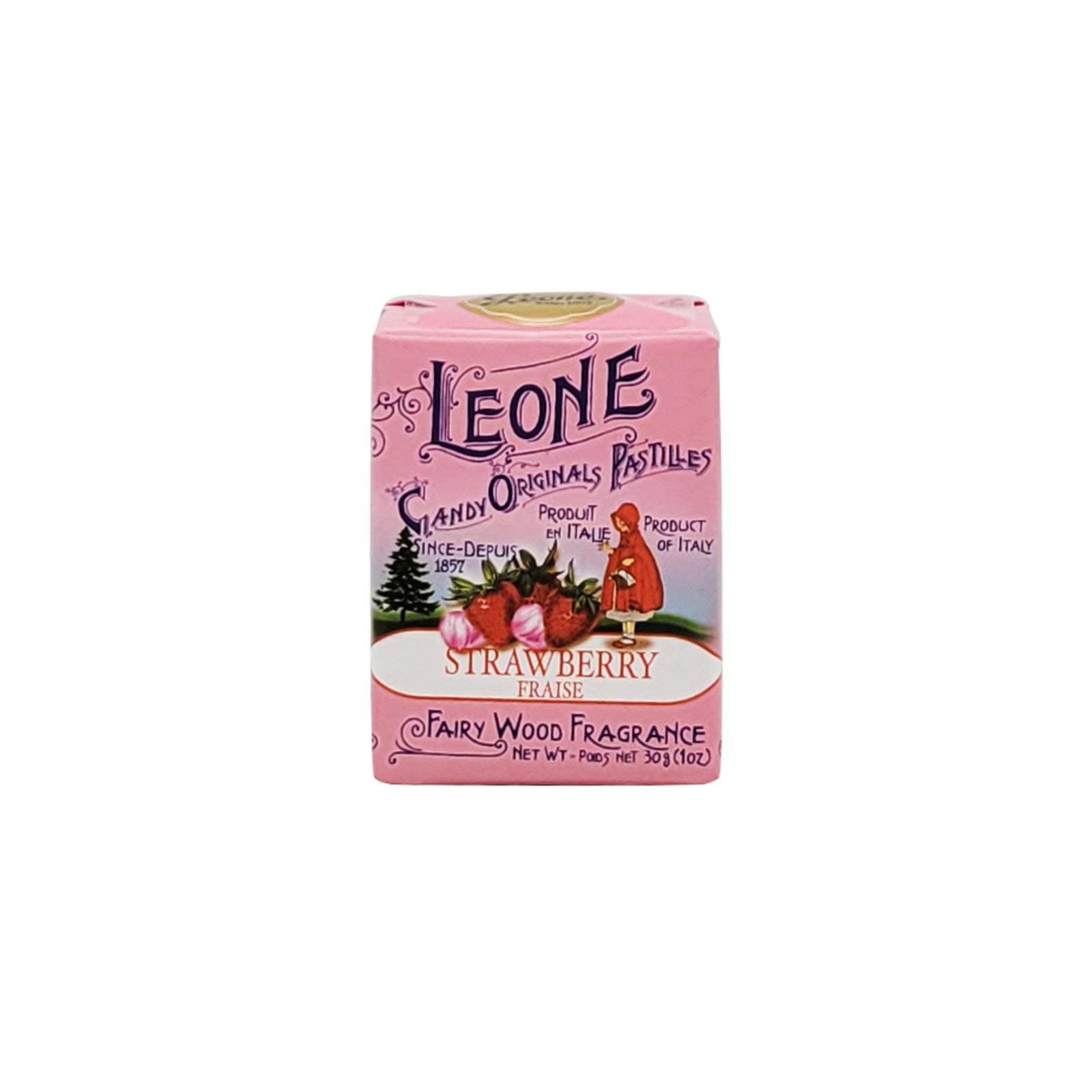 A pink rectangular box of Leone Strawberry Fraise Fairy Wood Fragrance, featuring illustrations of strawberries, a fairy, and trees on a white background.