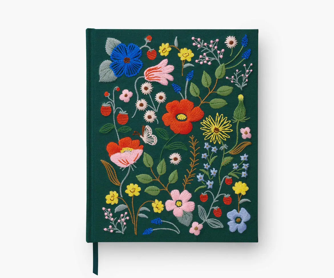 Large embroidered sketchbook journal. Hardcover with 108 unlined pages of thick paper perfect for sketching, drawing, and journaling. The cover is wrapped in dark green book cloth and embroidered with a Strawberry Fields design featuring wildflowers and strawberries.10.25" L × 8.25". 