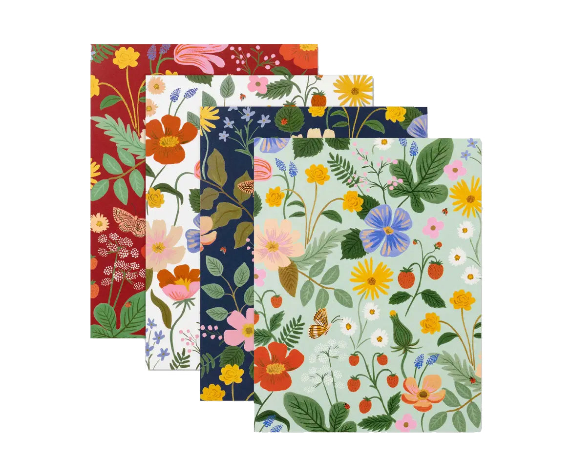 Send a thoughtful message on any occasion with this set of assorted greeting cards. Each card features a pretty wildflower and strawberry print on four different color backgrounds. Blank inside for your own note. 4.25" L × 5.5". Soft white envelope. Set of 8 cards, 2 of each design. Made in USA.