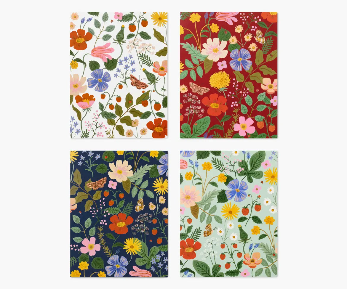 Send a thoughtful message on any occasion with this set of assorted greeting cards. Each card features a pretty wildflower and strawberry print on four different color backgrounds. Blank inside for your own note. 4.25" L × 5.5". Soft white envelope. Set of 8 cards, 2 of each design. Made in USA.