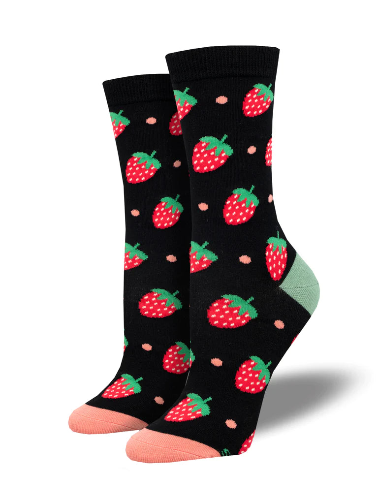 This pair of socks are a tribute to the strawberry for granting us some of life's greatest sweets, including the strawberry milkshake and the strawberry cheesecake. Womens shoe size 5 - 10.5. Black with red strawberries. Antibacterial, hypoallergenic. Fiber Content: 63% Rayon From Bamboo, 35% Nylon, 2% Spandex.