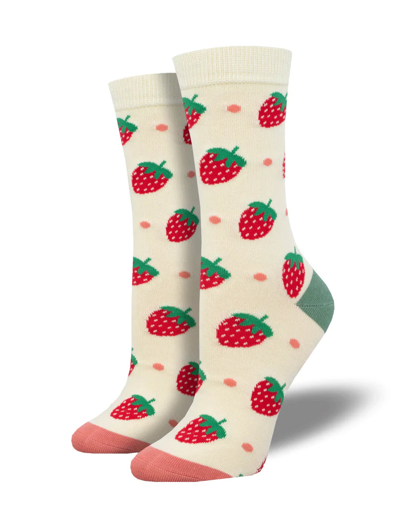 This pair of socks are a tribute to the strawberry for granting us some of life's greatest sweets, including the strawberry milkshake and the strawberry cheesecake. Womens shoe size 5 - 10.5 Cream base with red strawberries. Aantibacterial, hypoallergenic. Fiber Content: 63% Rayon From Bamboo, 35% Nylon, 2% Spandex.