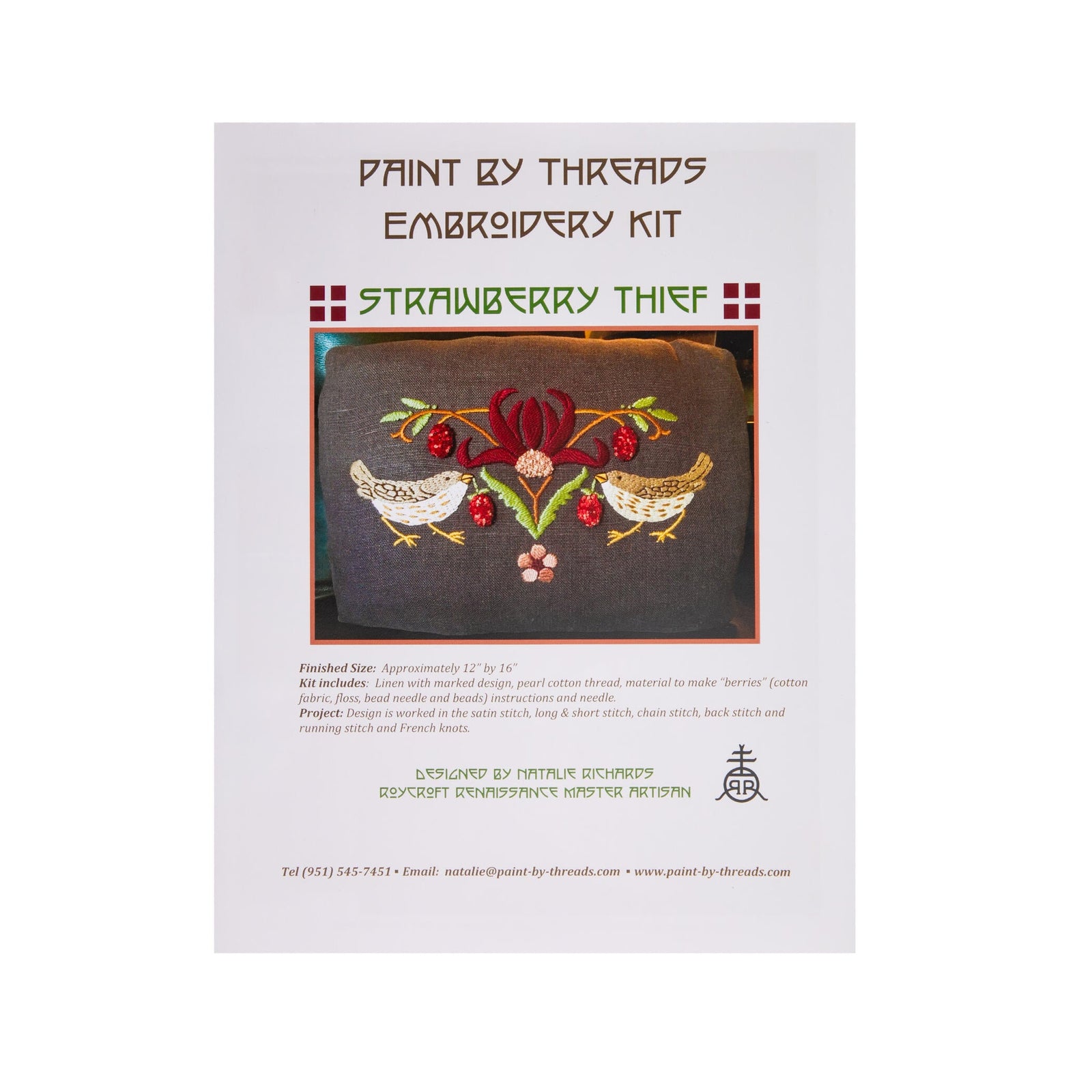 Embroidery kit packaging with 'Strawberry Thief' design on a white background