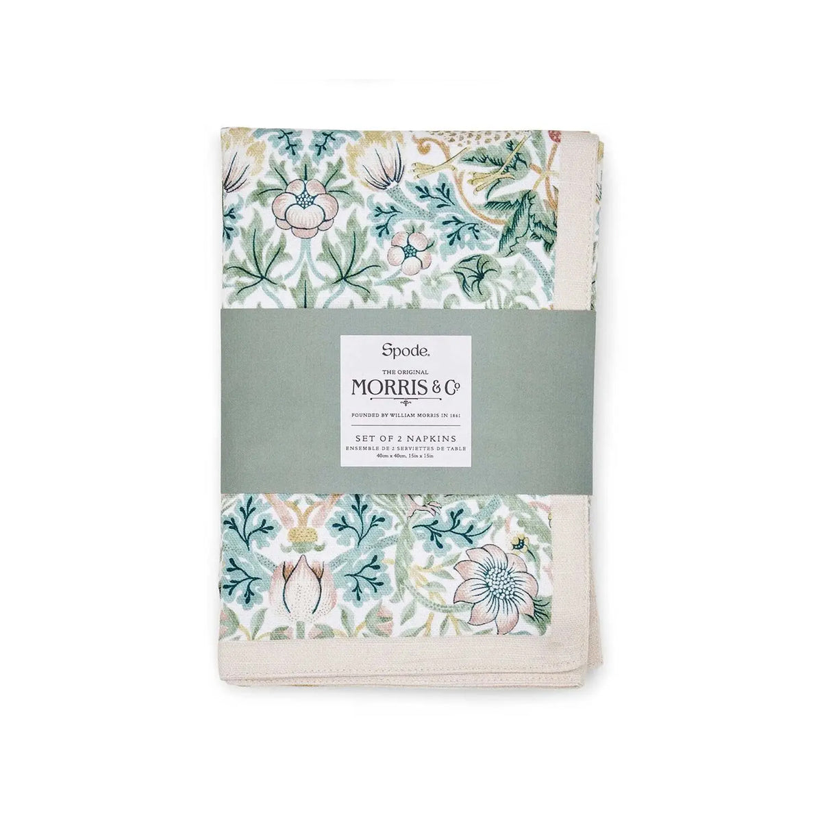 Set of two floral napkins with Morris & Co branding on a white background