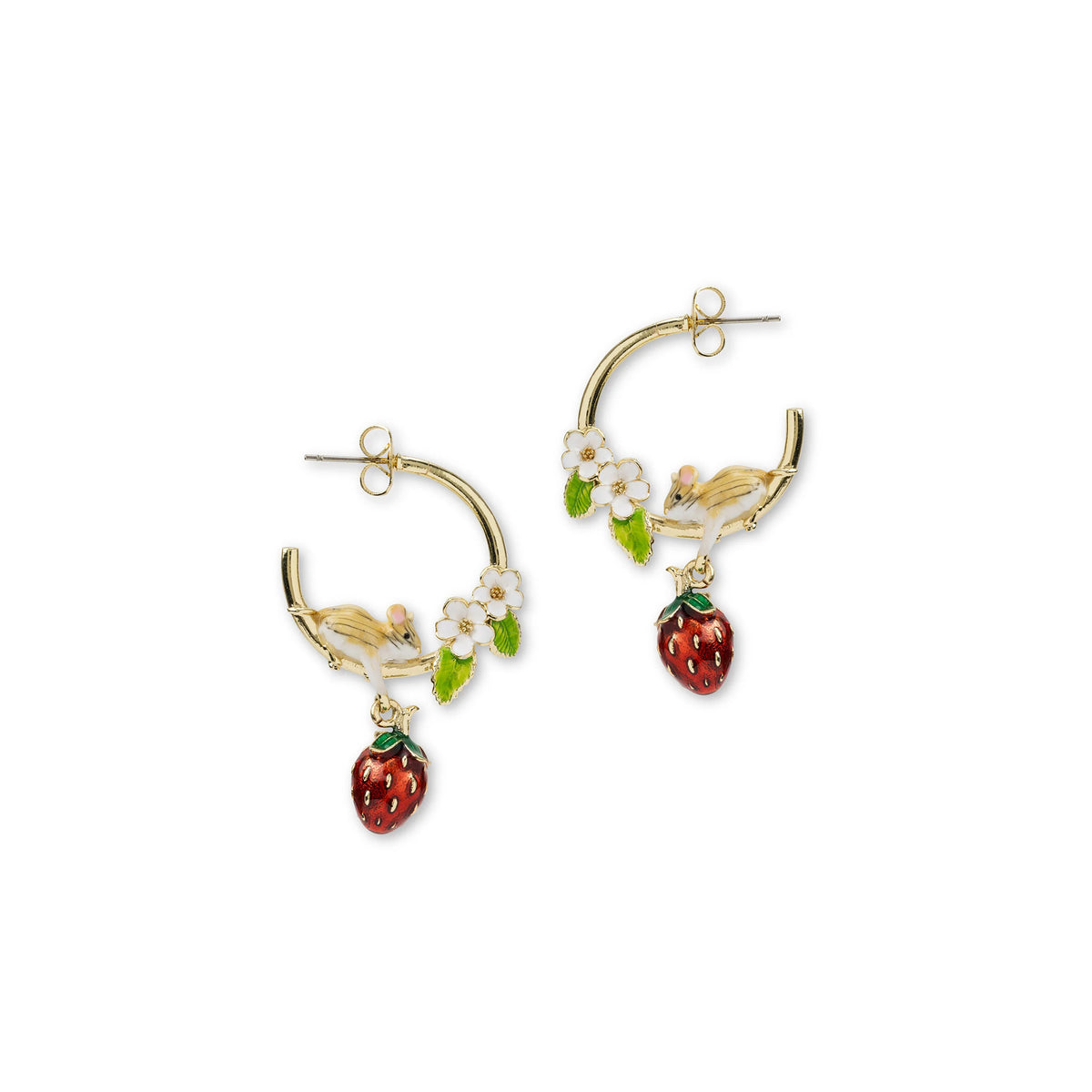 Gold hoop earrings with strawberry, mouse and leaf designs on a white background