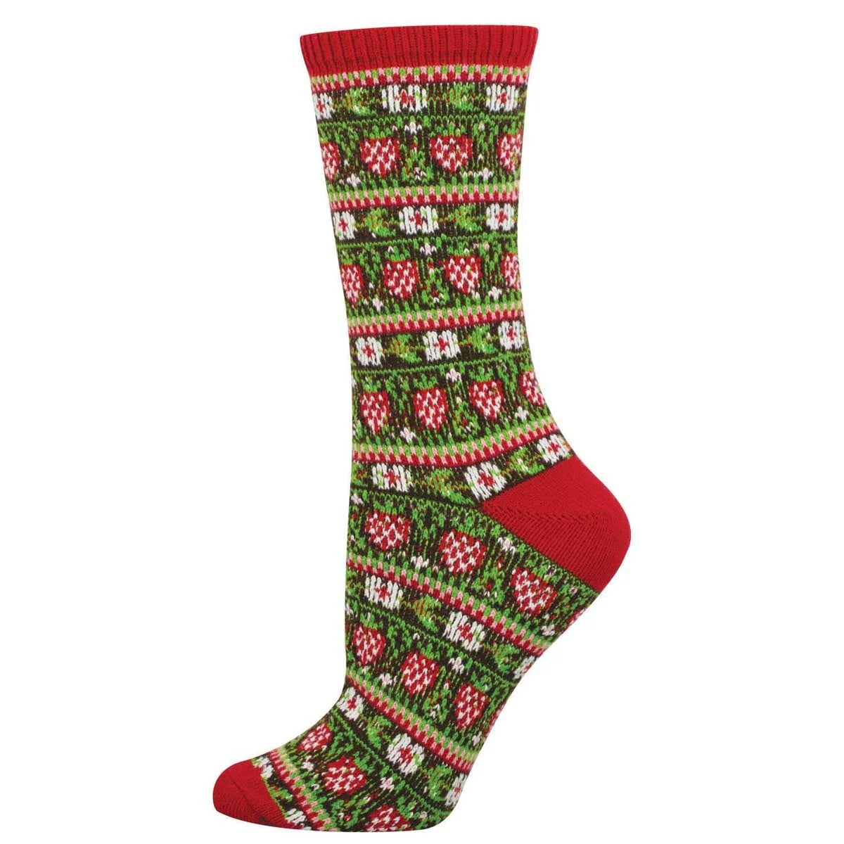 Colorful patterned sock with red and green strawberry design on a white background