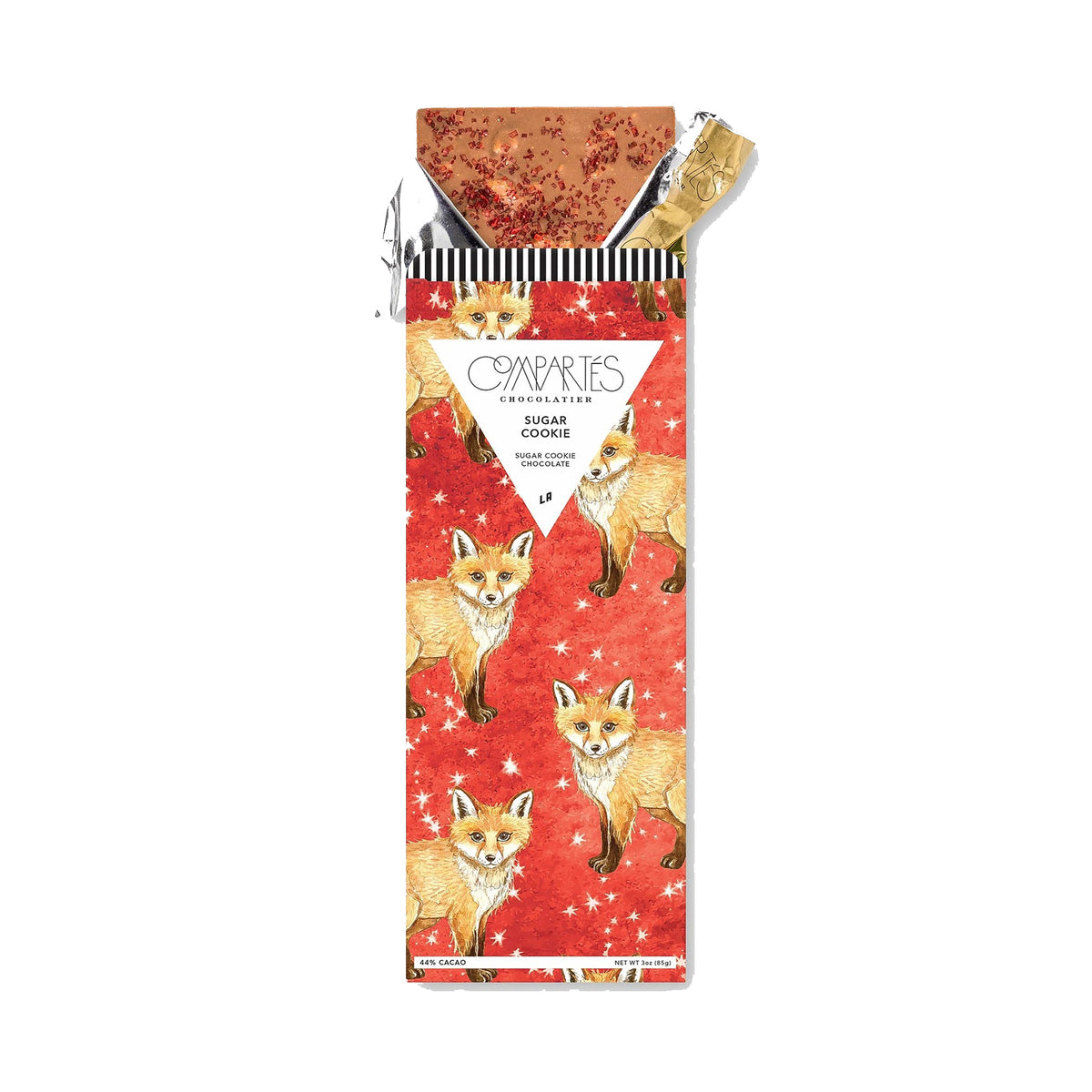 Packaged sugar cookie flavor milk chocolate bar with fox design on the wrapper on a white background