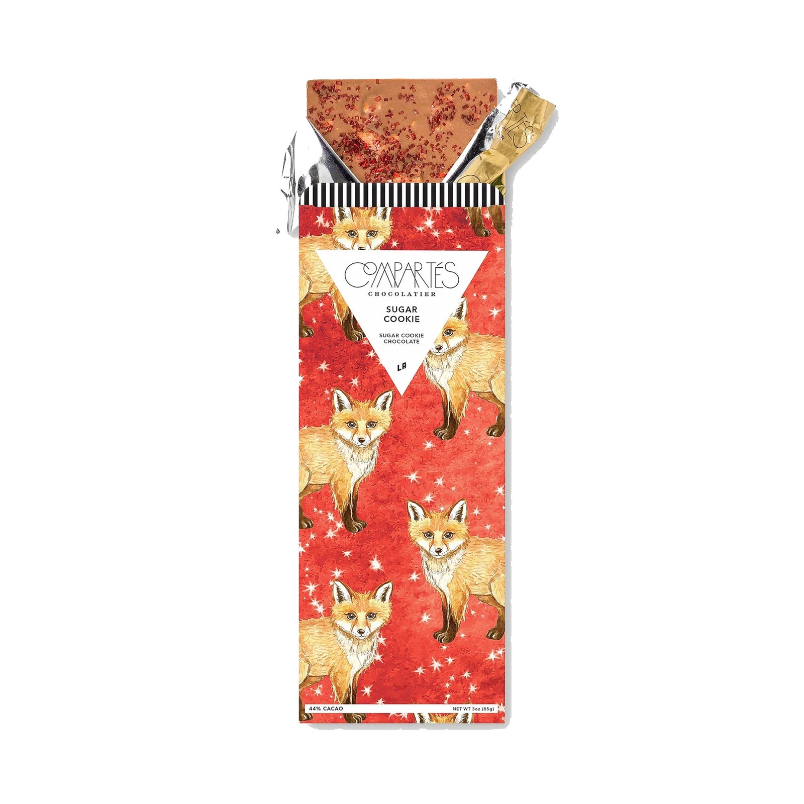 Packaged sugar cookie flavor milk chocolate bar with fox design on the wrapper on a white background