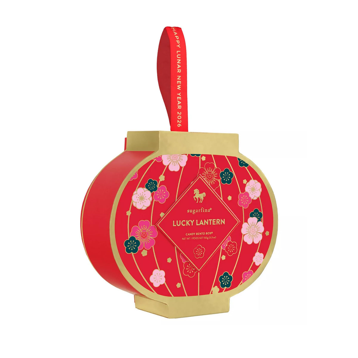 Red and gold lucky lantern with a floral design filled with gummy candies
on a white background