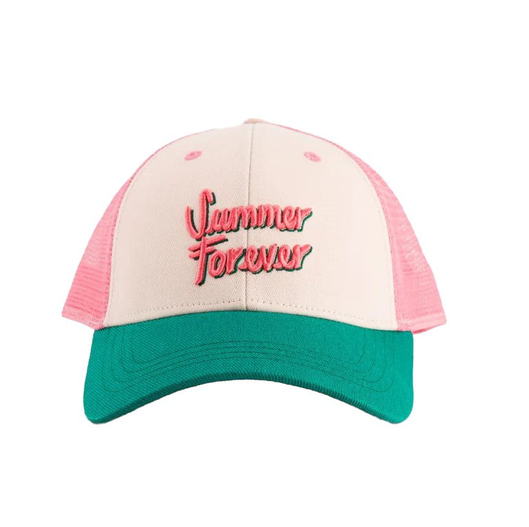 Keep the summer vibes going all year round with this color block trucker hat. Made from organic cotton canvas, with a mesh back, the design of this lightweight, breathable hat draws on a 1980s style bright color palette with Summer Forever embroidered on the front. 