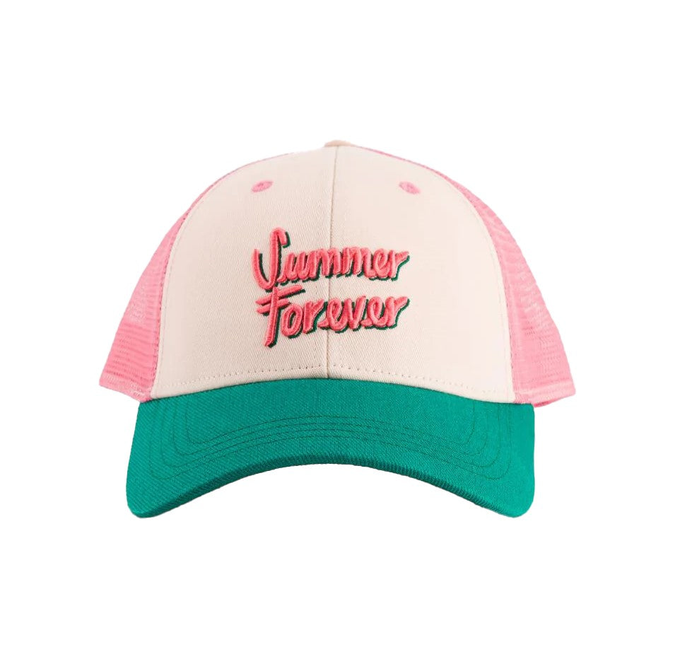 Keep the summer vibes going all year round with this color block trucker hat. Made from organic cotton canvas, with a mesh back, the design of this lightweight, breathable hat draws on a 1980&#39;s style bright color palette with Summer Forever embroidered on the front. 