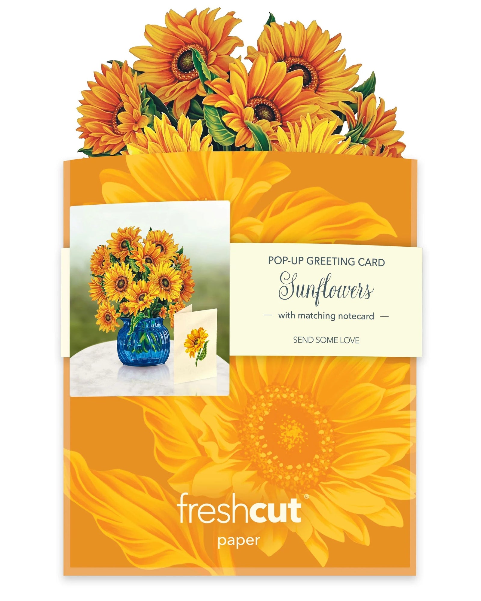 Van Gogh inspired, un-wilting sunflowers cheer every room, teaming with positivity and joy. This bodacious paper bouquet features an elevated design of bursting sunflowers in an understated and elegant blue, glass vase. Dimensions: 5.5” x 5”. Includes printed mailing envelope, pop up bouquet, and blank notecard.