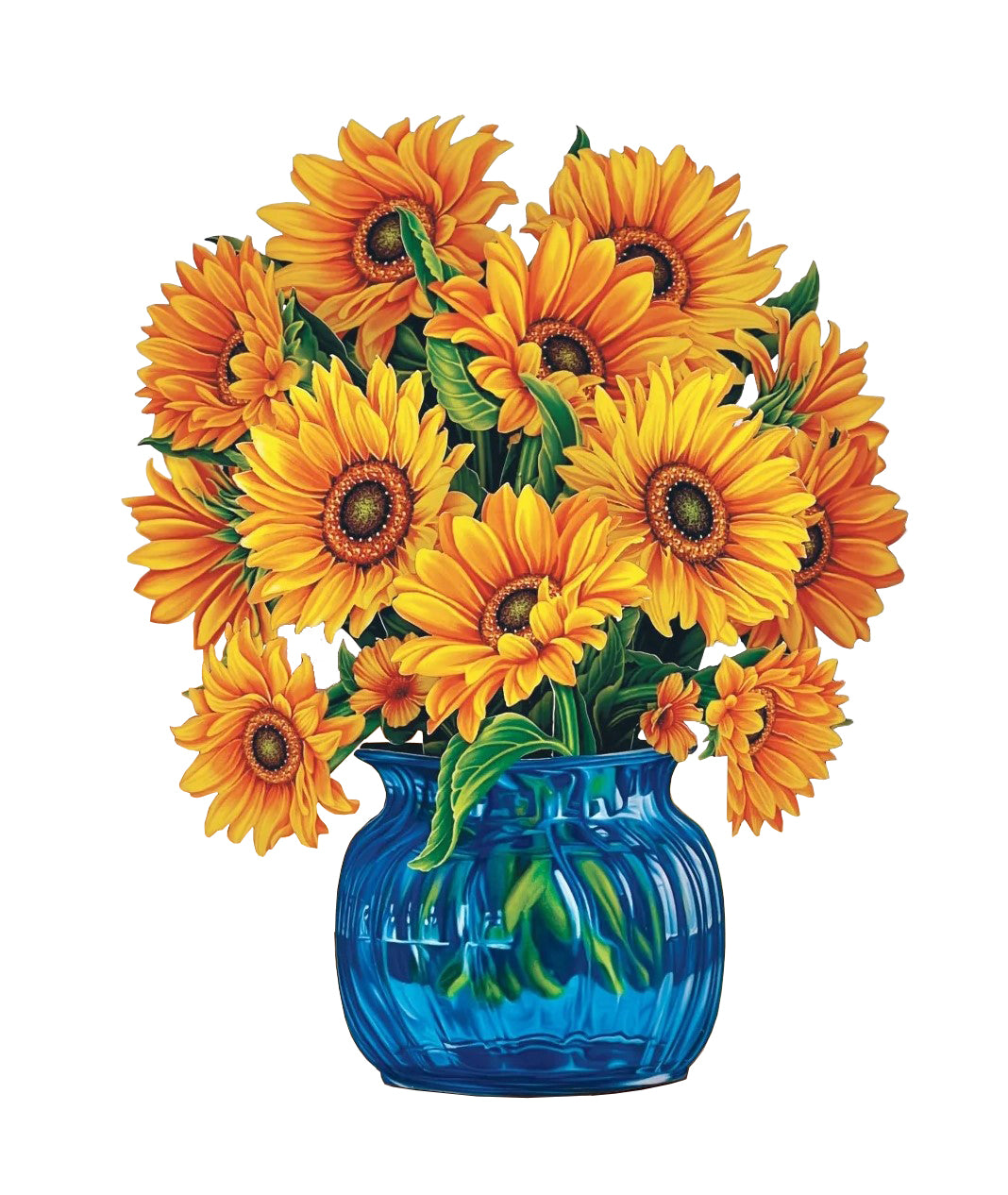 Van Gogh inspired, un-wilting sunflowers cheer every room, teaming with positivity and joy. This bodacious paper bouquet features an elevated design of bursting sunflowers in an understated and elegant blue, glass vase. Dimensions: 5.5” x 5”. Includes printed mailing envelope, pop up bouquet, and blank notecard.