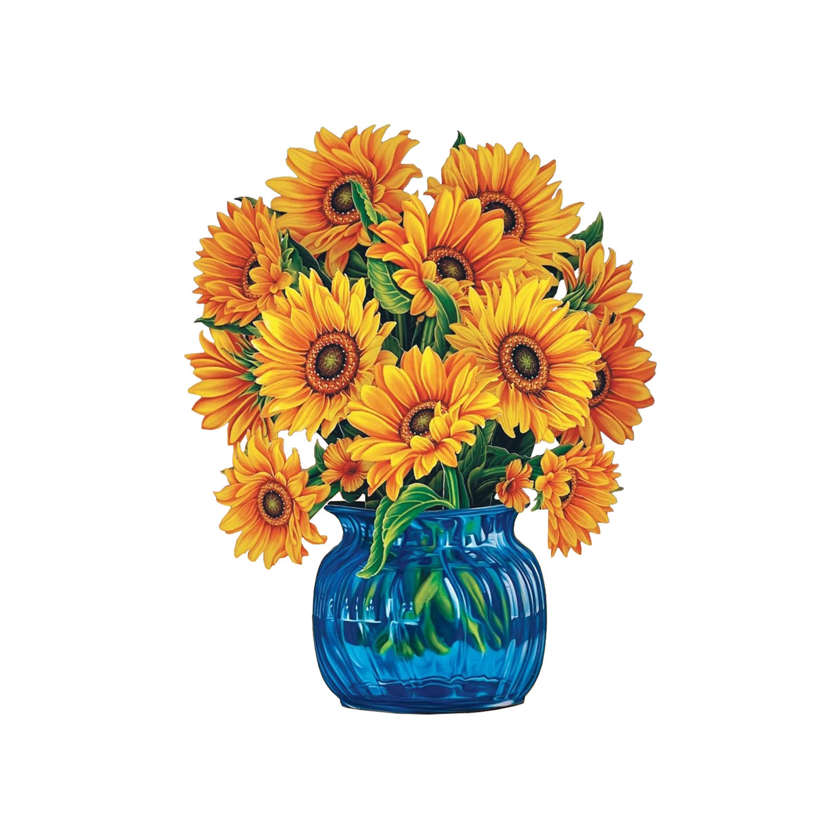 Notecard showing a bouquet of sunflowers in a blue vase on a white background
