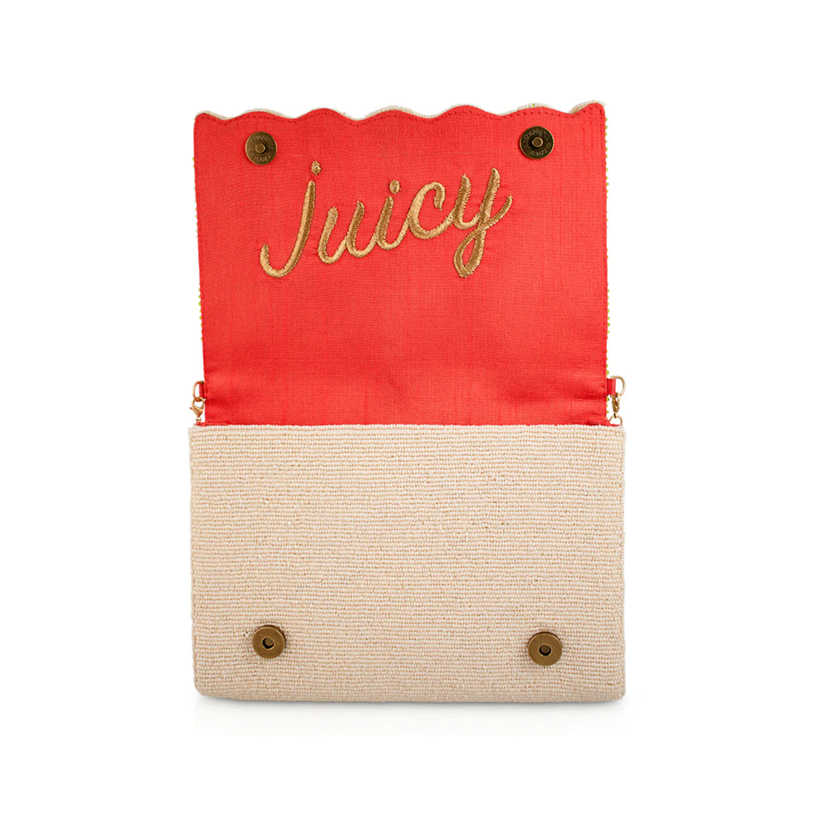 Red and beige clutch bag with 'Juicy' embroidery on a white background