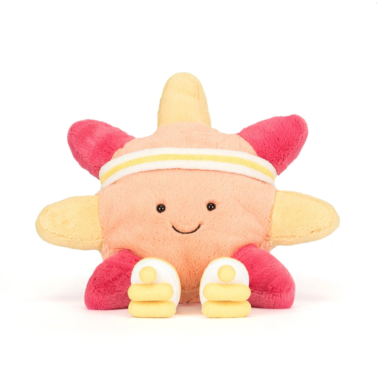 Plush Jellycat toy sun with pink and yellow colors and roller skates on a white background