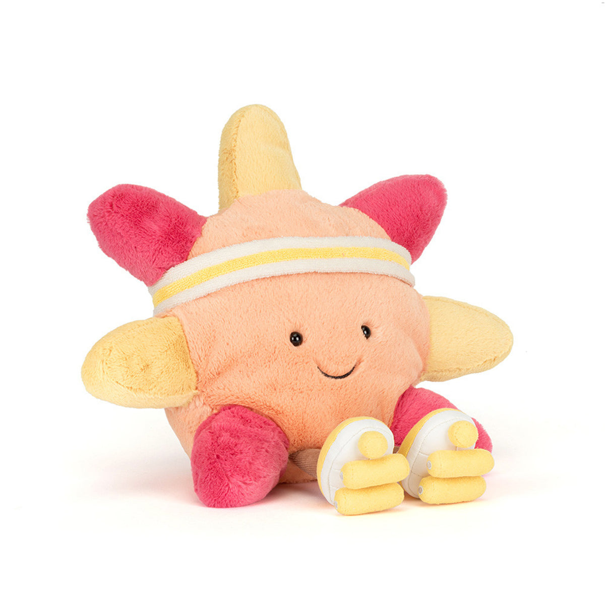 Plush Jellycat toy sun with pink and yellow colors and roller skates on a white background