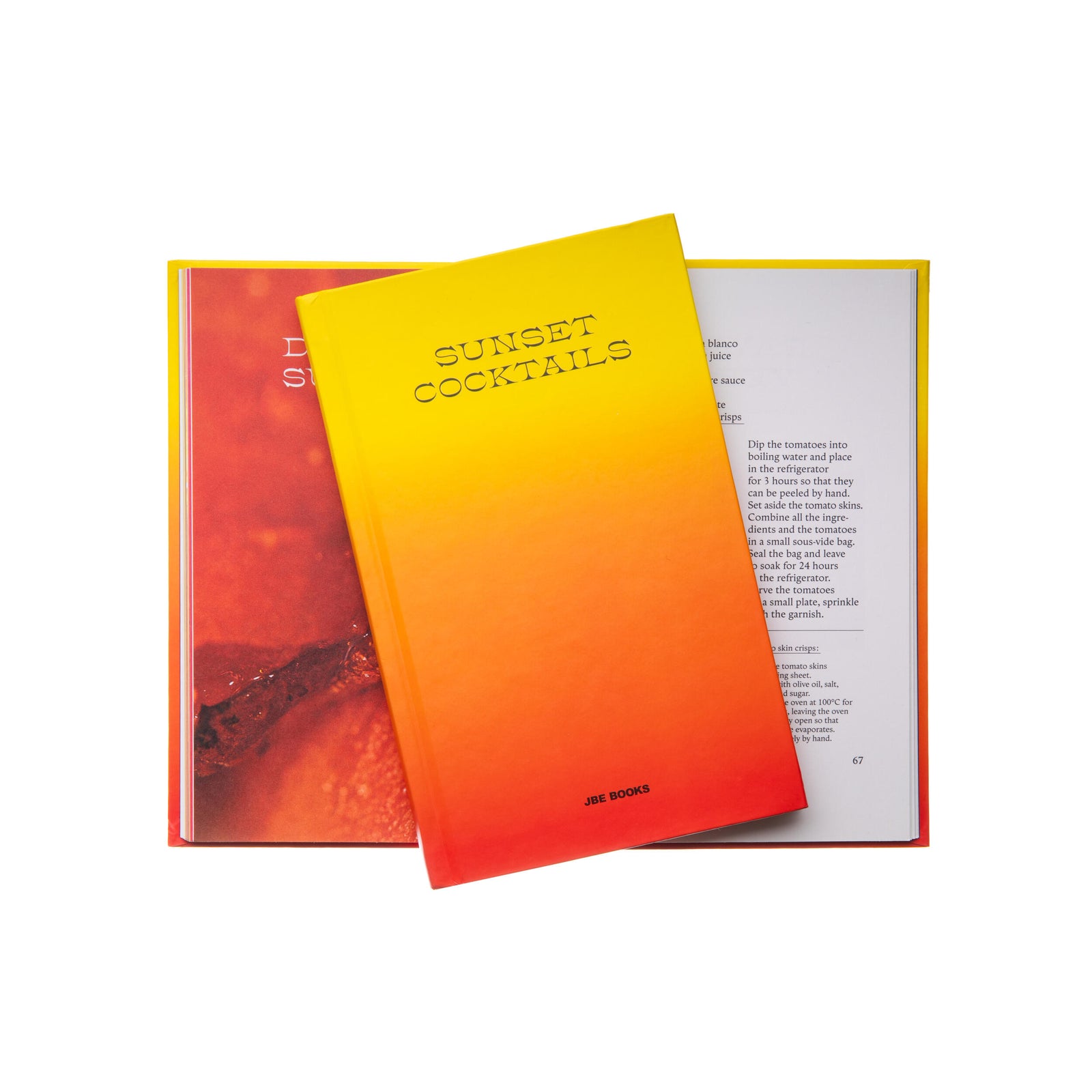 Book entitled Sunset Cocktails with a  gradient cover in red and yellow, on a white background.