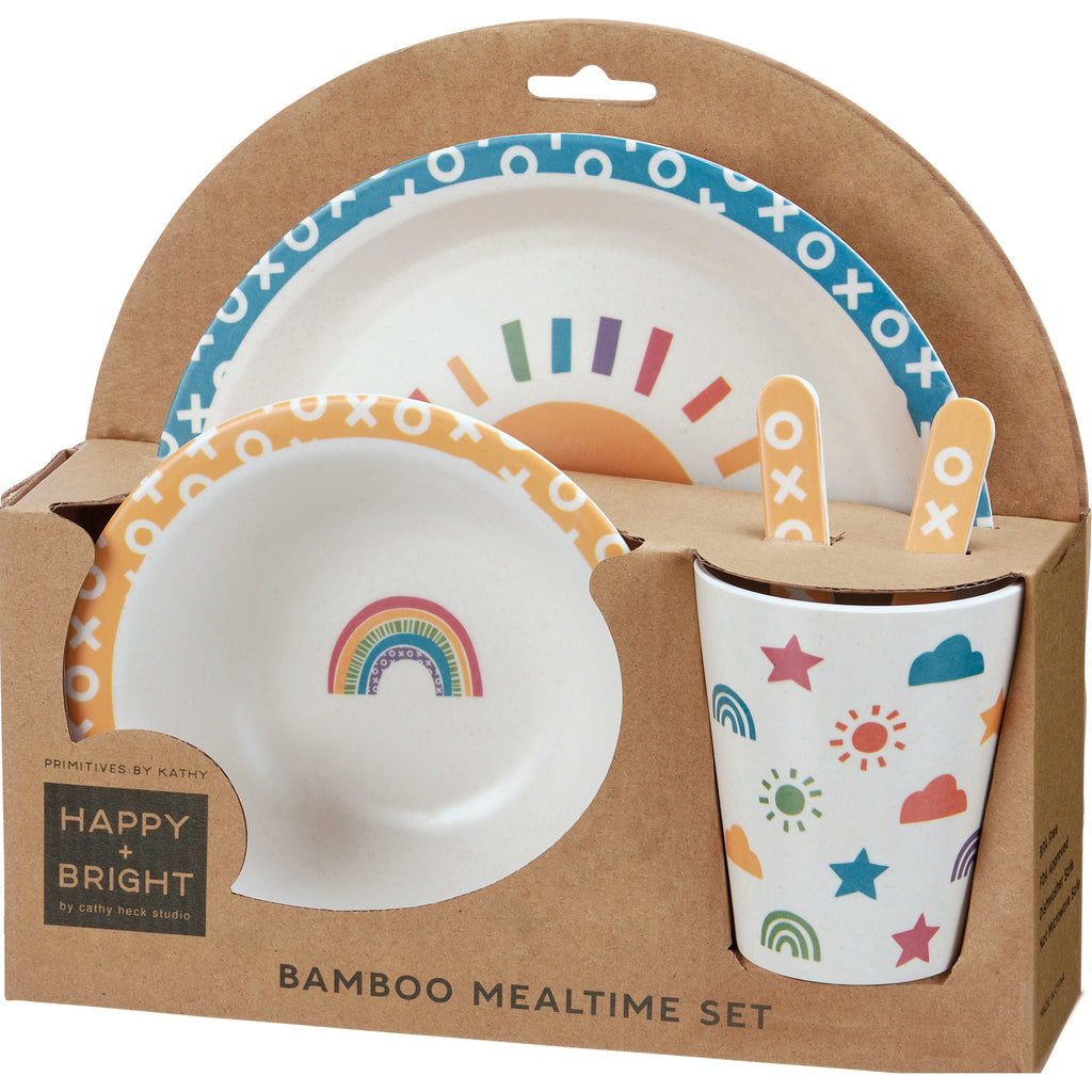 A meal set featuring a dishwasher safe bowl, plate, cup, fork, and spoon with a colorful, sunshine and rainbow design. Meal set is BPA-free, thoughtfully made with bamboo fibers. The perfect home, picnic or travel set. Meal set contains: 1 x 9.25" diameter plate, 1 x 7.7" diameter bowl, 1 x 9oz cup, 1x fork, 1 x spoon.