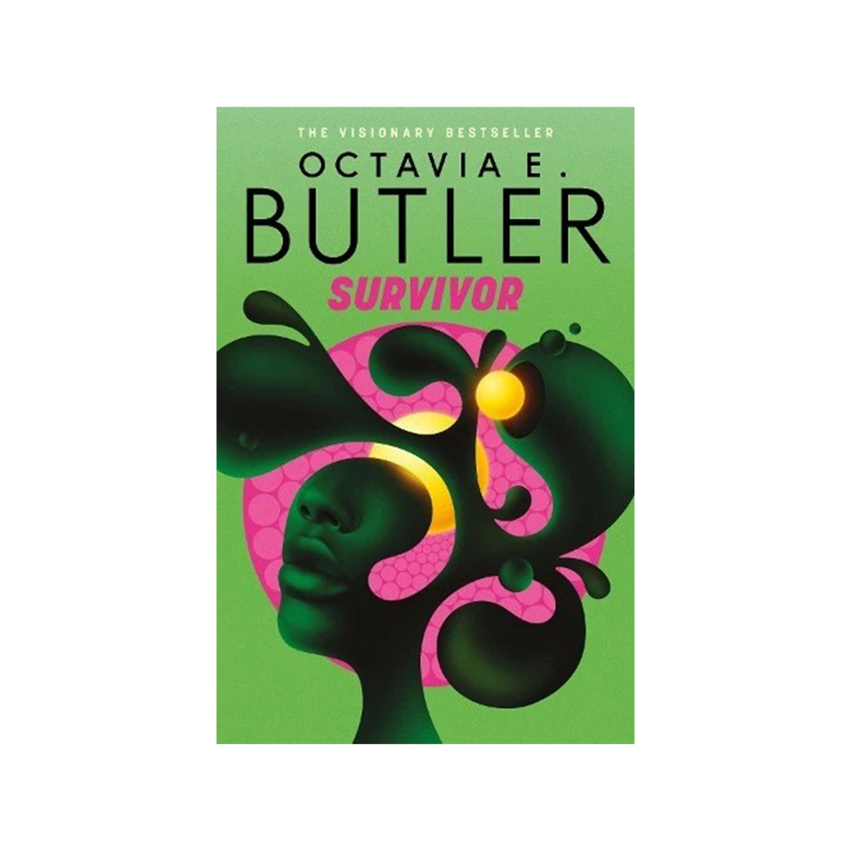 Book cover of 'Survivor' by Octavia E. Butler, featuring a green background with a stylized black silhouette of a face and hair in front of a pink circular pattern, with the title in pink text.